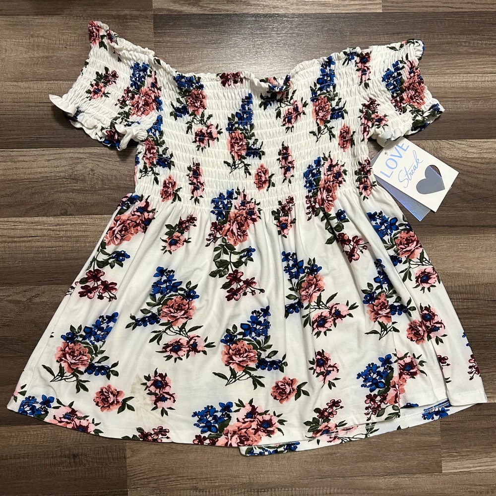 Love Streak Floral Off-the-Shoulder Smocked Top Women XL White Coquette Peplum